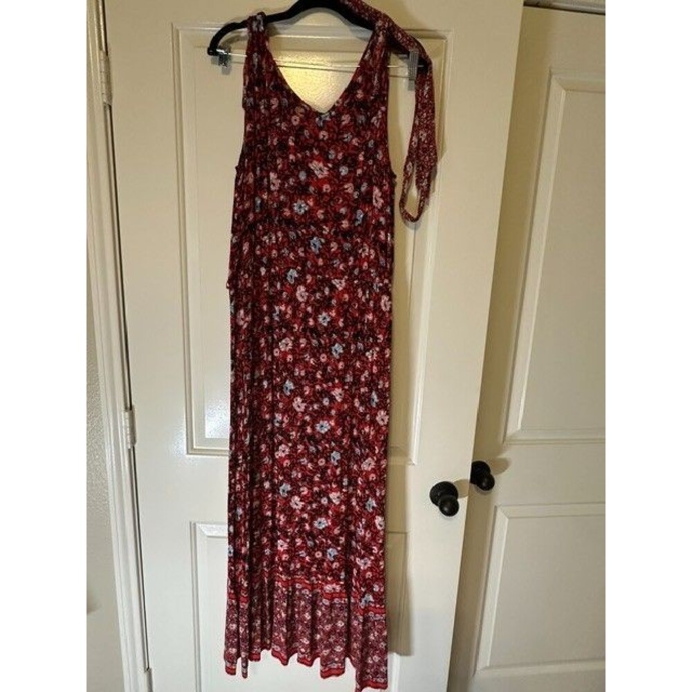 Westport Women's 1X Red Floral Maxi Dress Tie Shoulder Boho Summer Plus Size